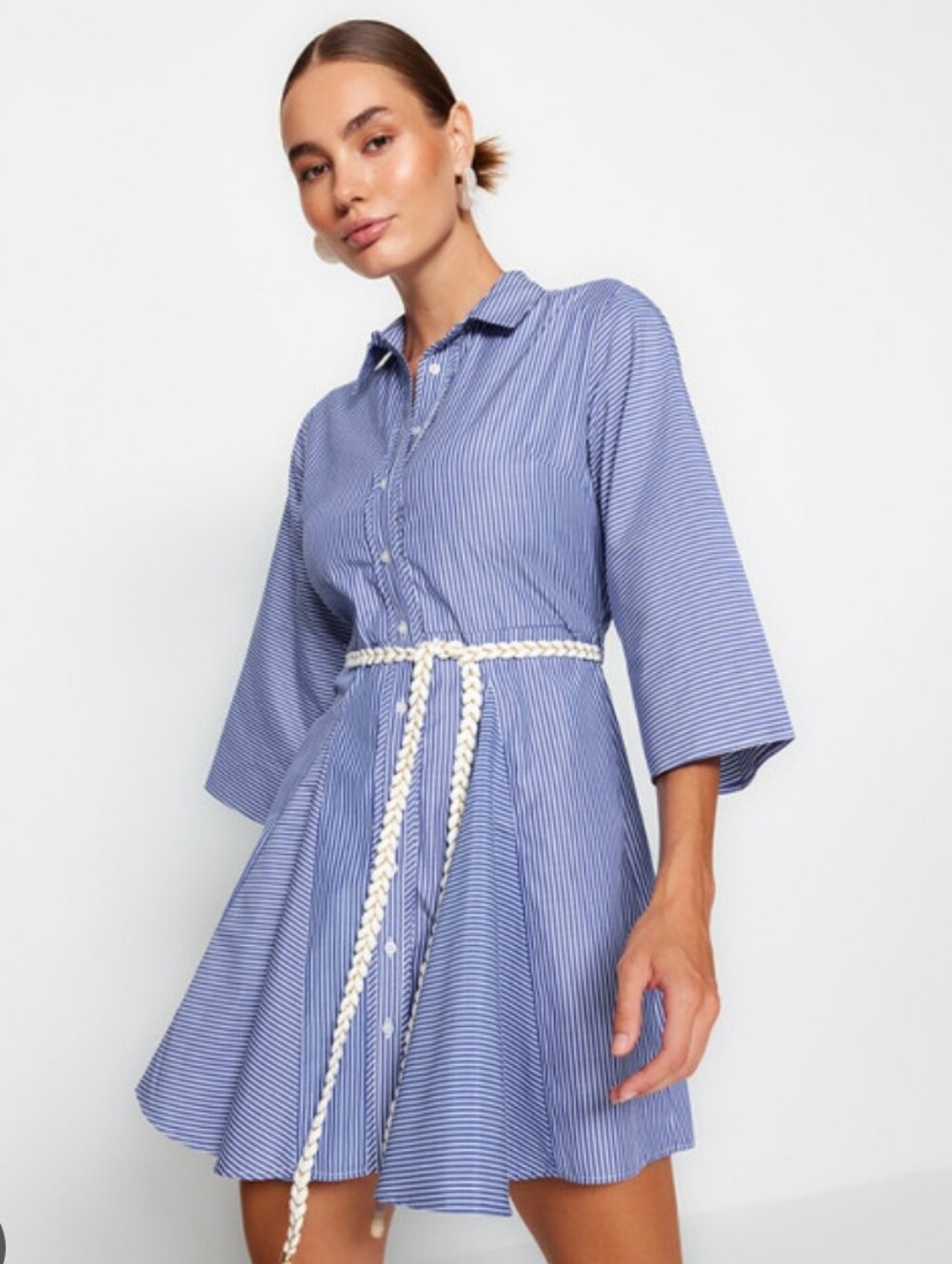 Ellen Tracy Striped Blue Shirt Dress with Braided Belt Large